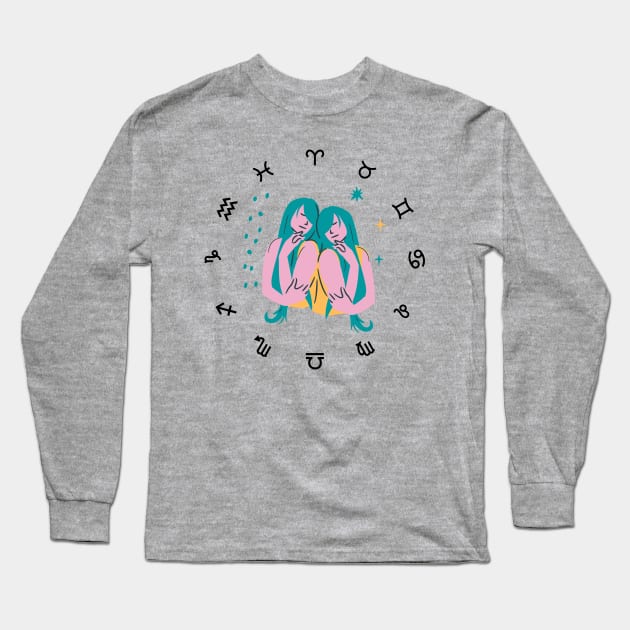 Gemini Zodiac Sign Long Sleeve T-Shirt by Natalie C. Designs 